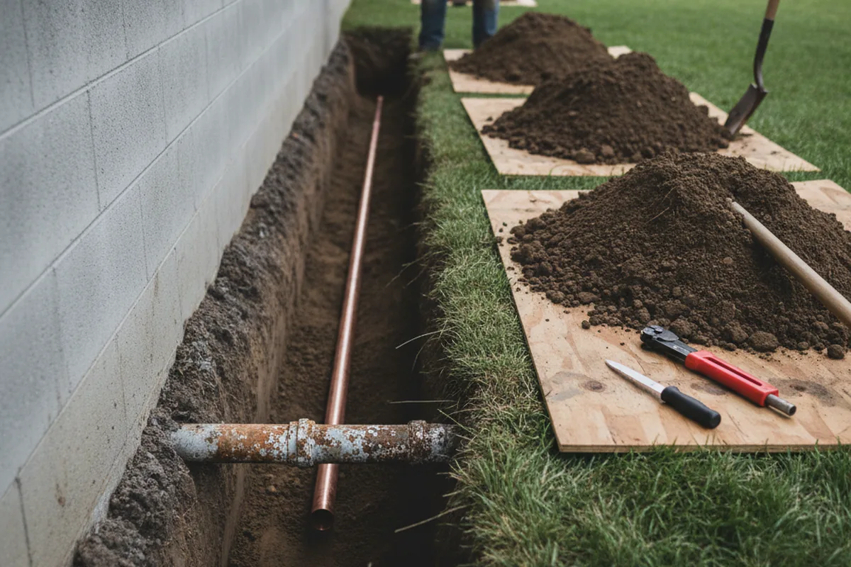 Excavated water line trench during Water Softener Installation in Worley